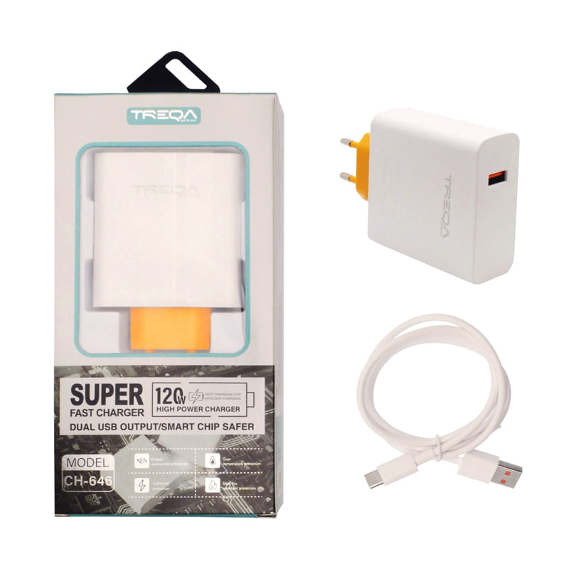 Treqa Φορτιστής και Καλώδιο USB-C 120W Λευκός CH-646 – Super fast charger Dual USB output/smart chip safer