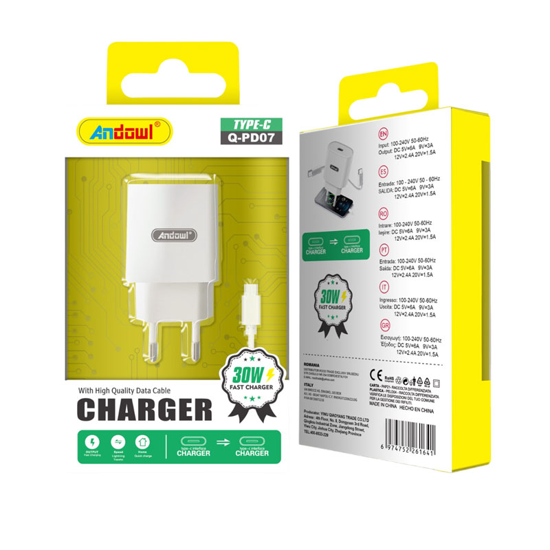 Andowl Φορτιστής με καλώδιο Type-C σε Type-C 30W Q-PD07 - Charger