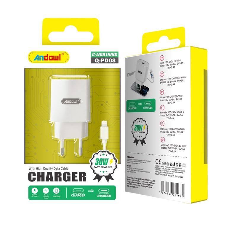 Andowl Φορτιστής με καλώδιο Type-C σε Lightning 30W Q-PD08 - Charger