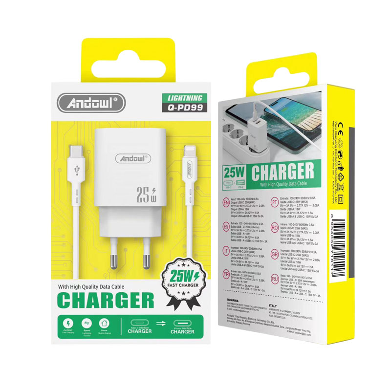 Andowl Φορτιστής με καλώδιο Type-C σε Lightning & θύρα USB-A 25W Q-PD99 - Charger