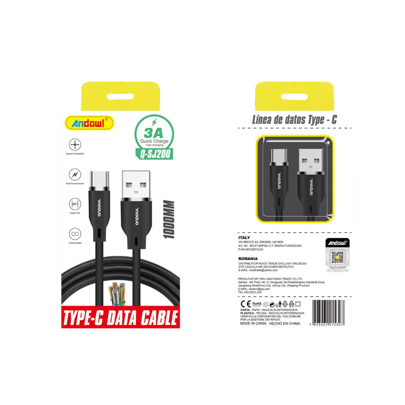 Andowl Καλώδιο Δεδομένων USB σε Type-C 1m 3A Q-SJ200- Data Cable