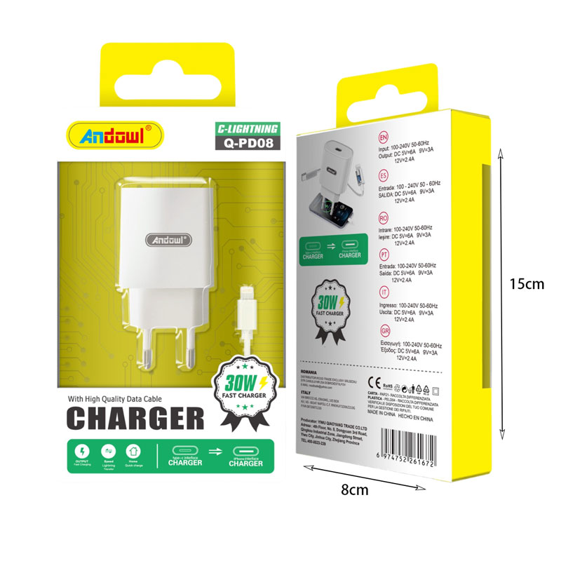 Andowl Φορτιστής με καλώδιο Type-C σε Lightning 30W Q-PD08 - Charger - Image 2