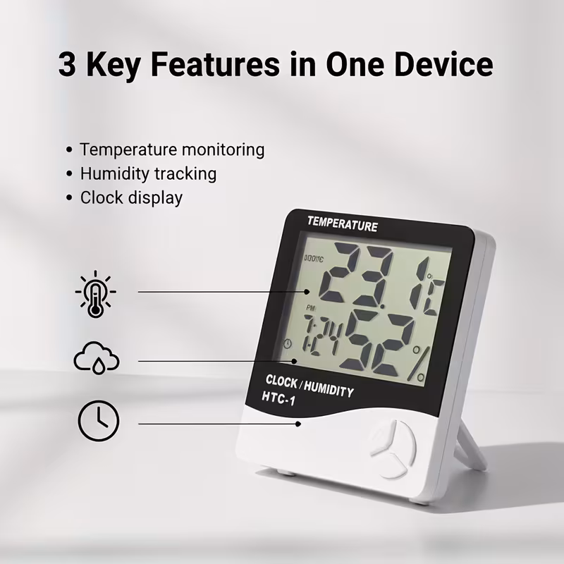 1 τεμ. Ψηφιακό Θερμόμετρο Υγρασιόμετρο - Ξυπνητήρι/Εφεμερίδα | Μεγάλη Οθόνη Επιτραπέζια Βάση, Επιτοίχια, Πλαστικό, Λειτουργεί με Μπαταρία, Ιδανικό για Υπνοδωμάτιο/Σπίτι/Ξενοδοχείο,