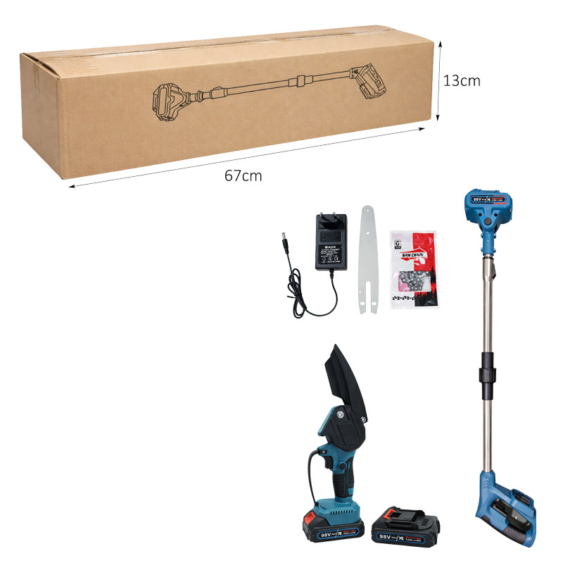 Τηλεσκοπικό αλυσοπρίονο μπαταρίας 98V, ιδανικό για κοπή κλαδιών και εργασίες κλαδέματος σε ύψος χωρίς τη χρήση σκάλας. Διαθέτει εργονομική λαβή και αποσπώμενη προέκταση που επιτρέπει άνετη εργασία και μεγαλύτερη εμβέλεια, προσφέροντας σταθερότητα και ευκολία χειρισμού. Το σετ περιλαμβάνει βασικά αξεσουάρ για άμεση χρήση, όπως φορτιστή, αλυσίδα, οδηγό λάμας και μπαταρίες, ενώ η ελαφριά κατασκευή βοηθά στη μείωση της κόπωσης κατά τη διάρκεια της εργασίας. Κατάλληλο για οικιακή και ημιεπαγγελματική χρήση, για καθαρό και αποτελεσματικό κλάδεμα δέντρων και θάμνων. Χαρακτηριστικά: Τηλεσκοπικός σχεδιασμός για μεγαλύτερο ύψος κοπής Λειτουργία με επαναφορτιζόμενη μπαταρία 98V Εργονομικός και ελαφρύς σχεδιασμός Ιδανικό για κλάδεμα και συντήρηση κήπου Συμπεριλαμβάνονται αξεσουάρ και εξαρτήματα για ολοκληρωμένη χρήση.
